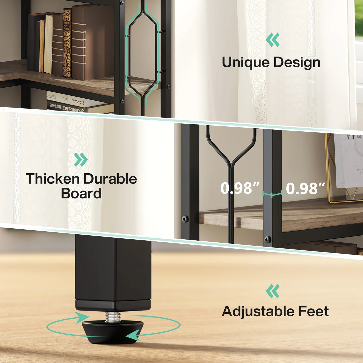 Ljustra 7-Tier Industrial Corner Shelf Wood Metal Bookcase Display Unit