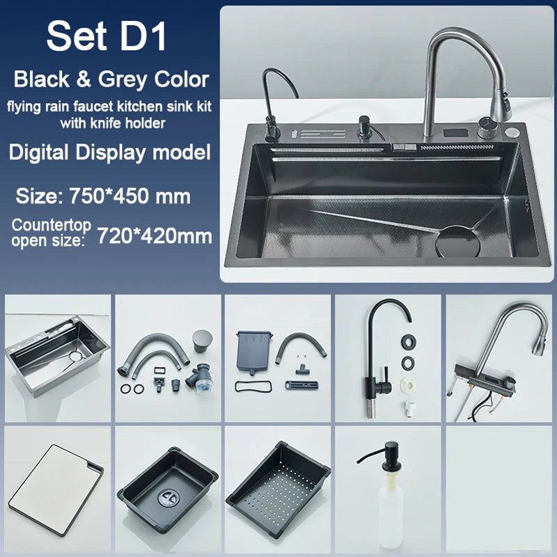 Large Stainless Steel Kitchen Sink with Waterfall Faucet and Display