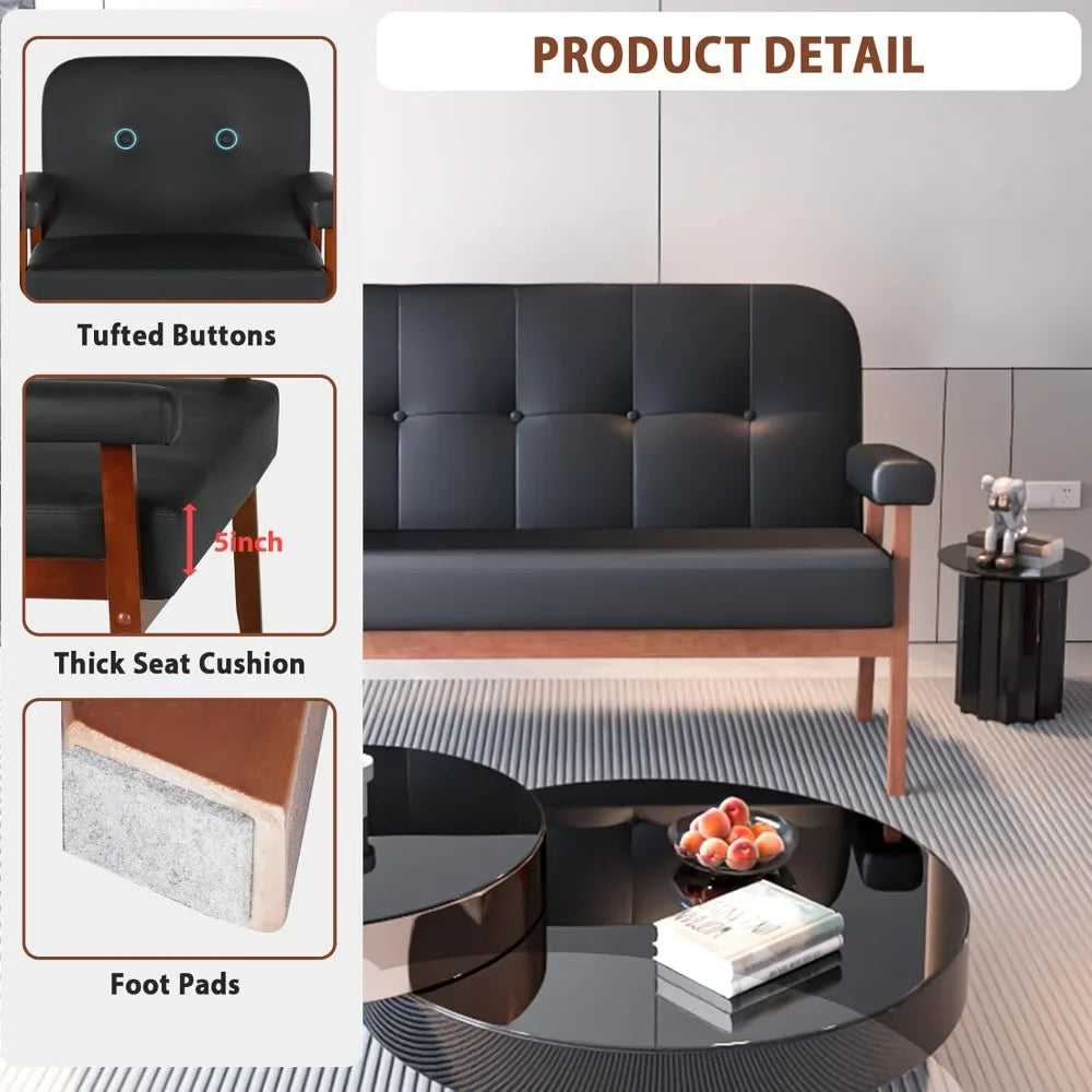 50” Black Faux Leather Mid Century Loveseat – Small 2-Seater Sofa with Wood Arms