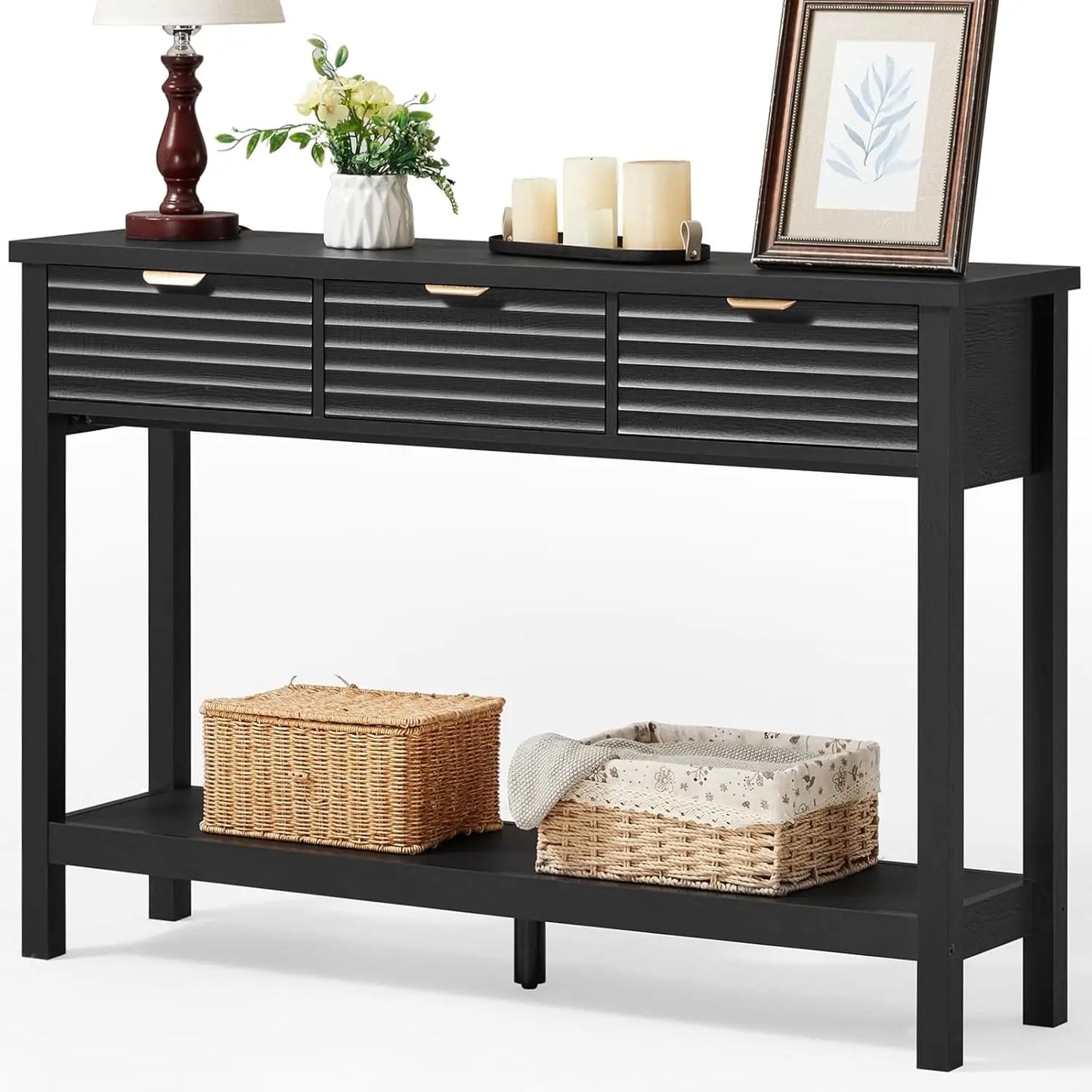 Modern Fluted Console Table 3 Drawers Wood Entryway Storage Shelf
