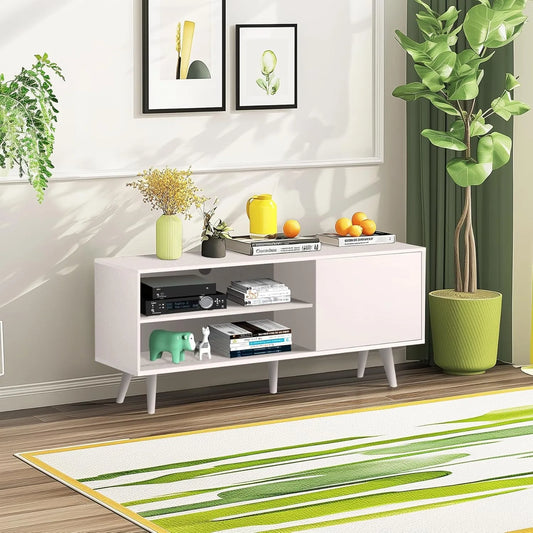 White Wood Modern TV Stand Entertainment Center with Storage Cabinet