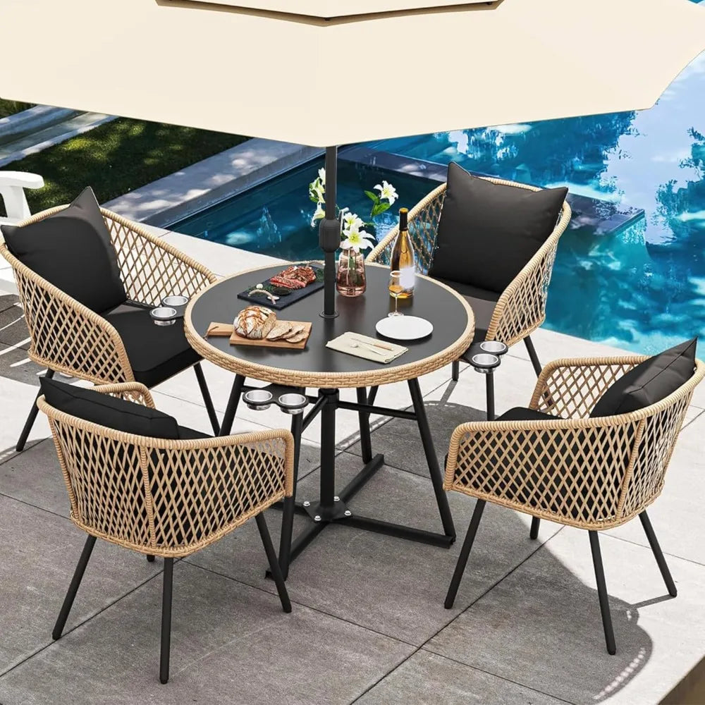 5 Piece Outdoor Dining Set with Rattan Chairs and Glass Top Table