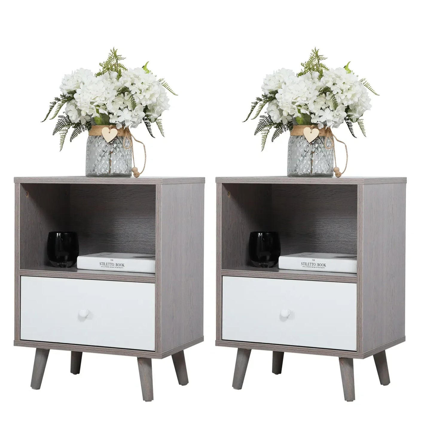 Set of 2 Mid Century Nightstands Bedside Tables with Drawer and Shelf