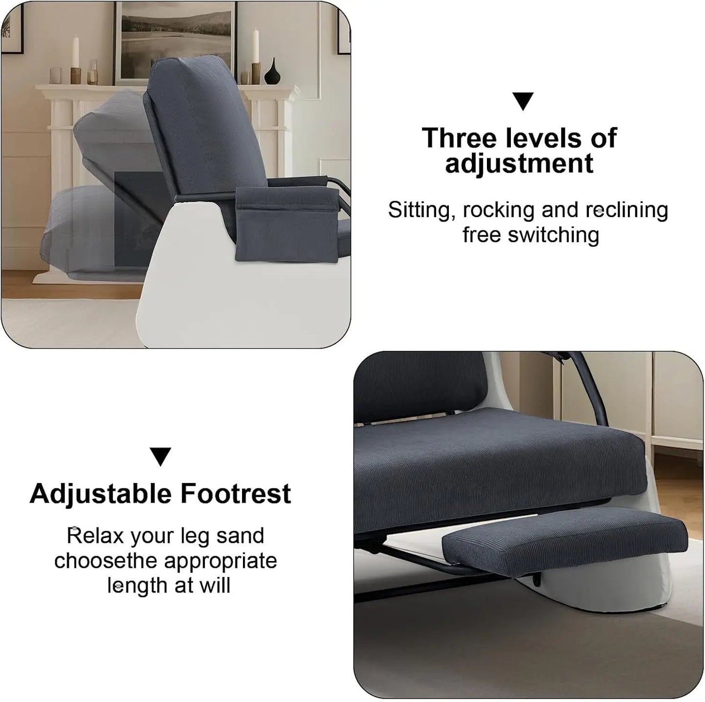 Ljustra Rocking Recliner Chair Modern Sofa Upholstered Glider 3 Levels