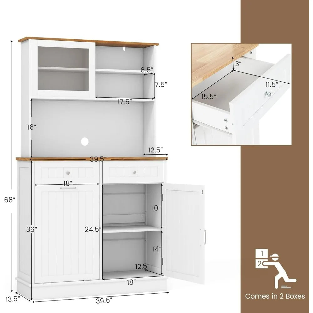 68 Inch Tall Kitchen Pantry Cabinet Buffet with Sliding Glass Door