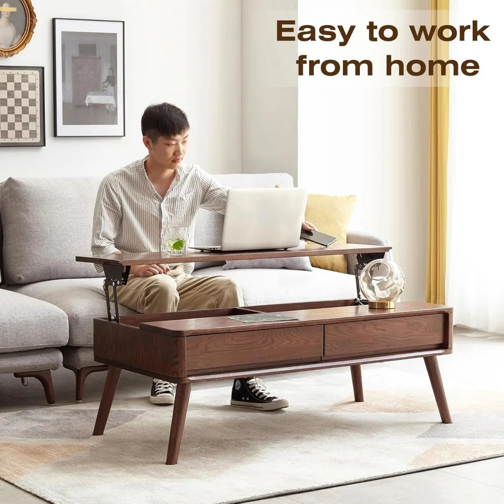 Solid Oak Lift Top Coffee Table with Storage Drawers and Compartment