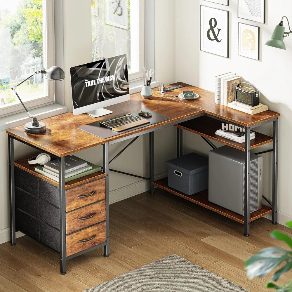 L Shaped Office Desk with Power Outlets and 3 Drawers for Home Office
