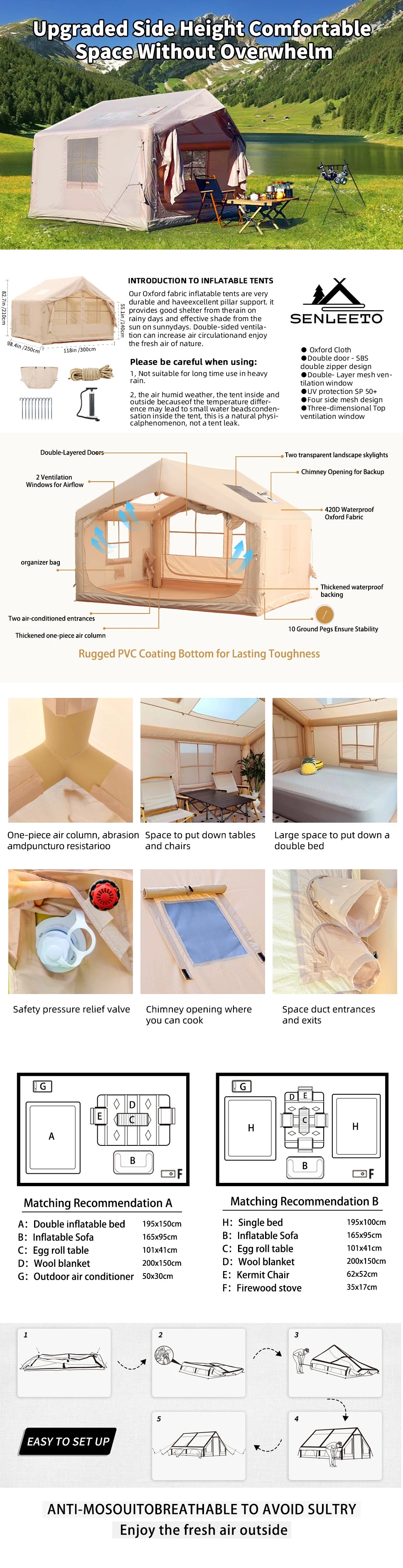 75 Sq Ft Inflatable Tent with Chimney Stack Waterproof Camping Tent