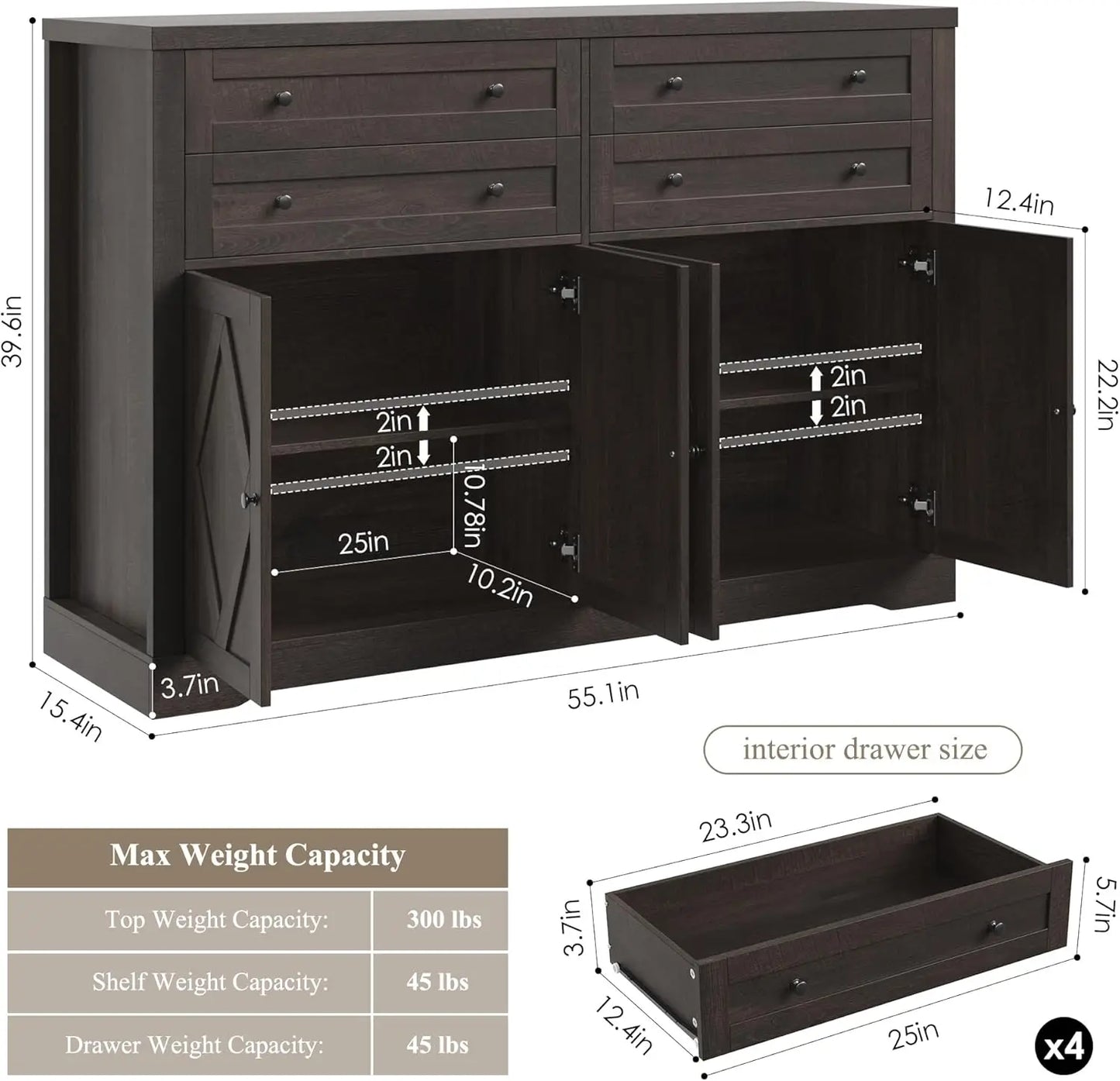 55 Inch Coffee Bar Buffet Cabinet with Storage and Large Drawers