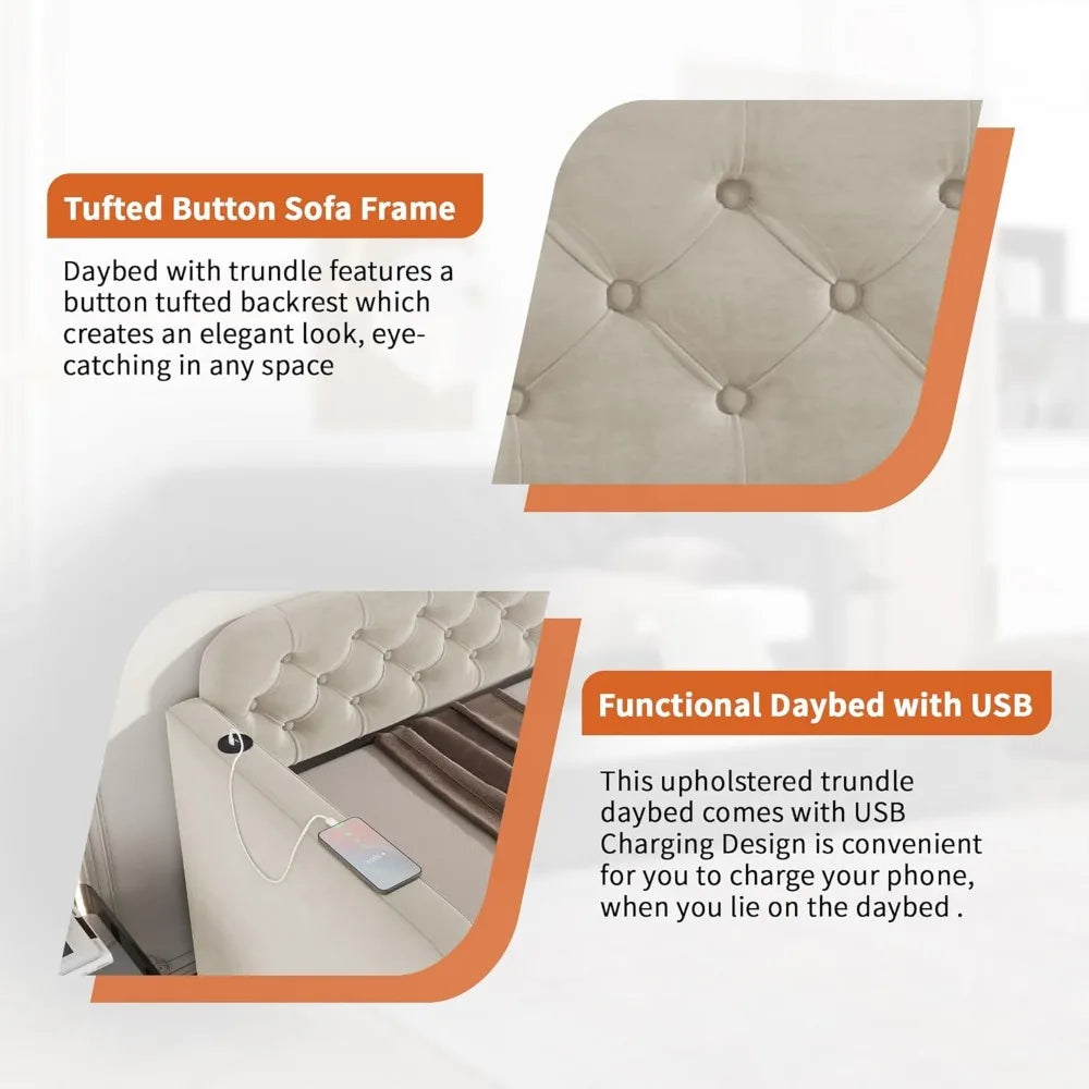 Twin Size Upholstered Daybed with Trundle Velvet Sofa Bed USB Port