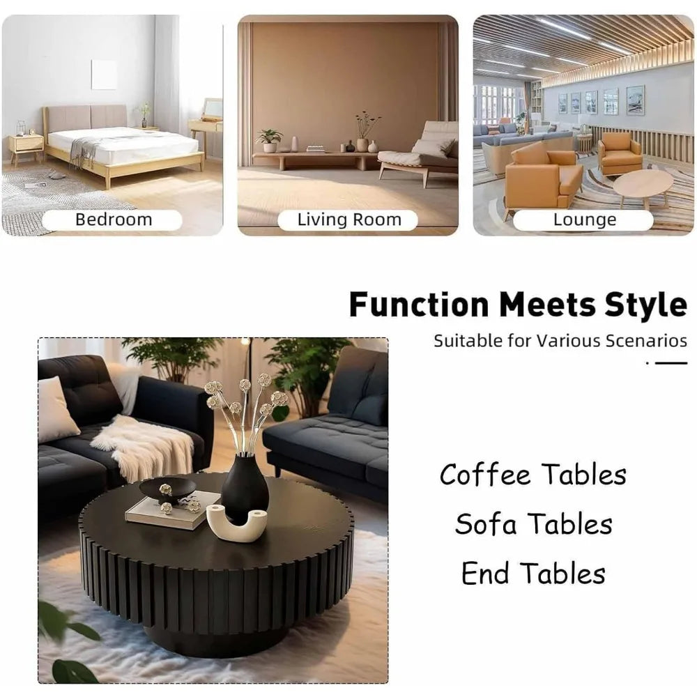 Round Fluted Coffee Table Modern Handcrafted Drum Table Low Profile