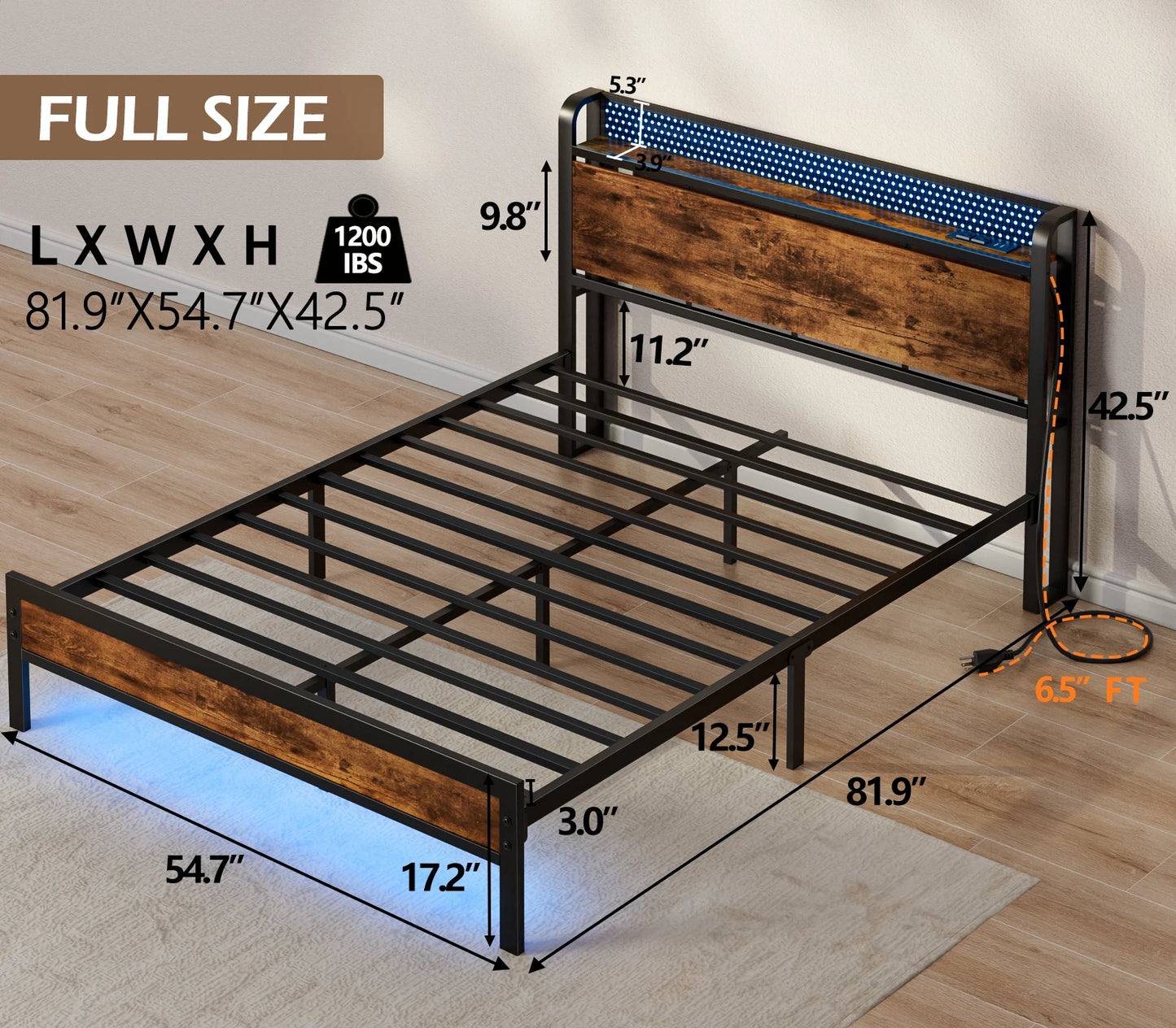 Full Queen Bed Frame with Charging Station LED Lights Storage Headboard