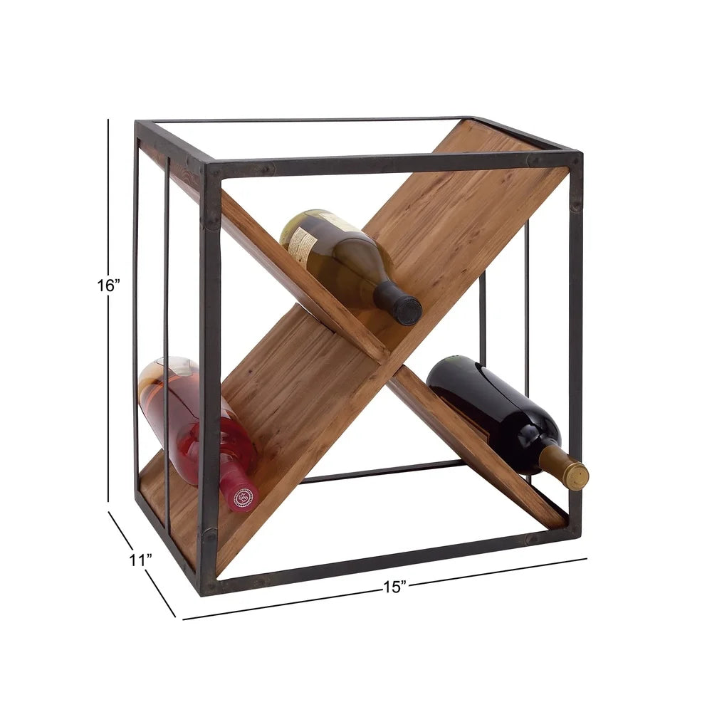 Rustic Black Cube Wine Rack 9 Bottle X-Shaped Design Tabletop Holder