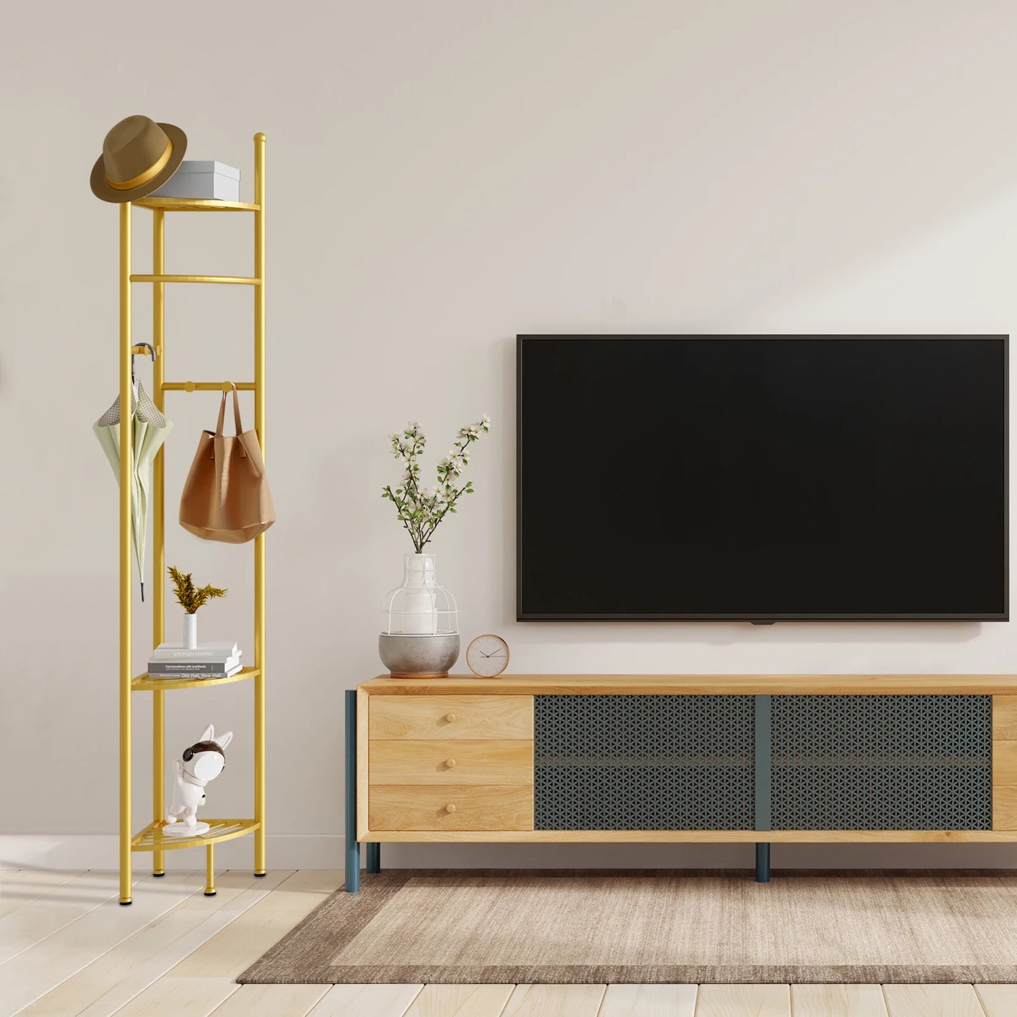 Metal Corner Coat Stand Free Standing Garment Rack with Storage Shelf