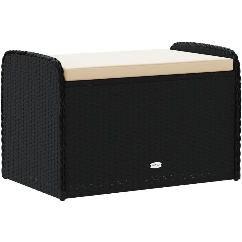 Outdoor Garden Storage Bench with Cushion Weather Resistant Black Poly Rattan