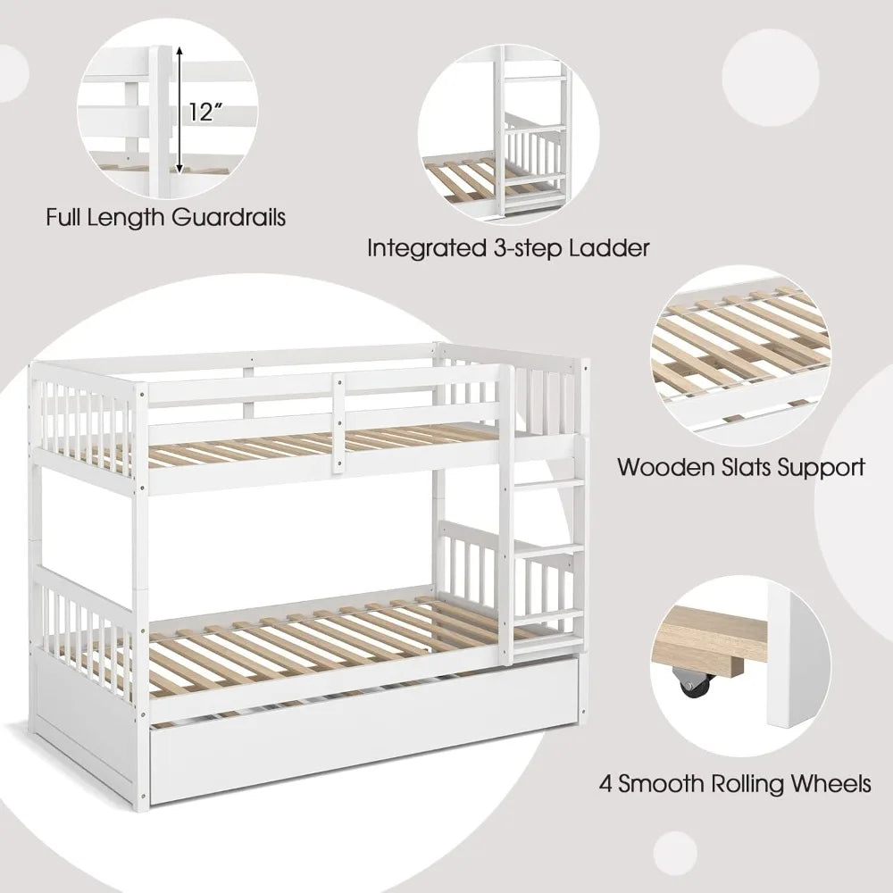 Twin Over Twin Bunk Bed with Trundle Solid Wood Convertible Frame