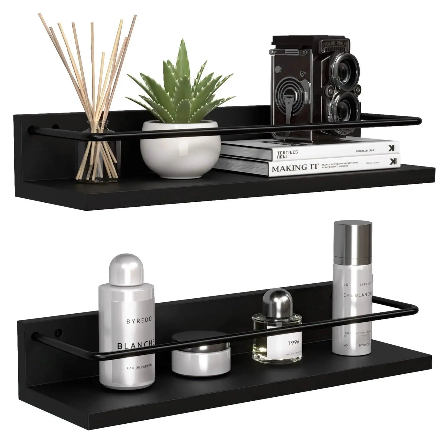 Floating Black Shelves with Metal Guardrail Set of 2 Modern Bathroom Storage