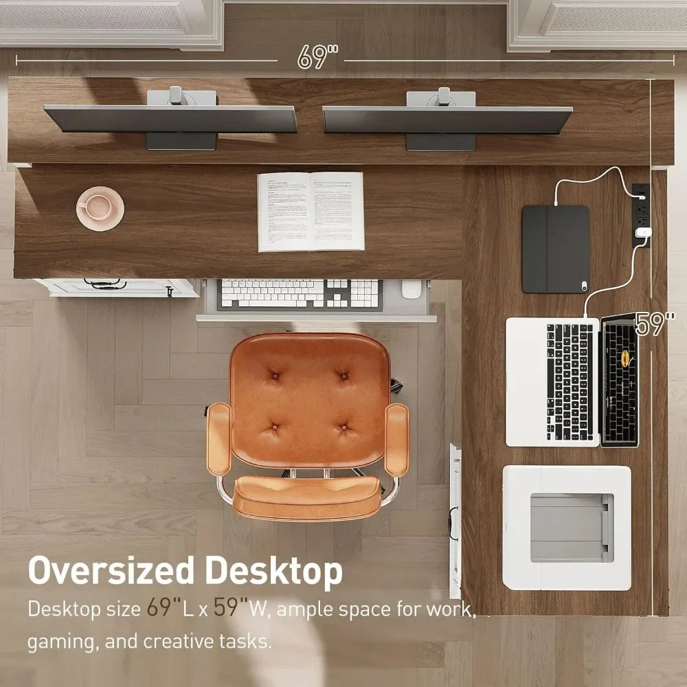 Farmhouse L Shaped Desk with Drawer and Charging Station for Home Office