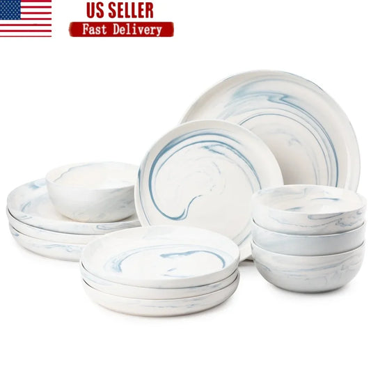 12 Piece Blue Marble Stoneware Dinnerware Set Microwave Safe Dishwasher Safe