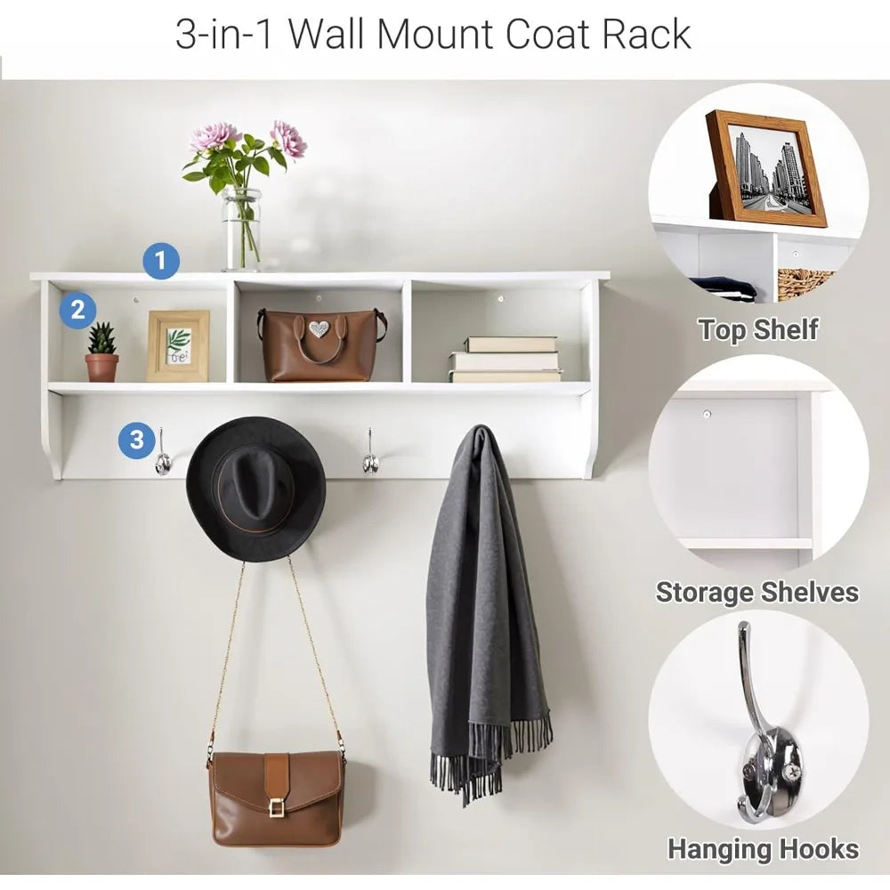 Contemporary Wall Mounted Coat Rack with Shelves and Hooks for Entryway
