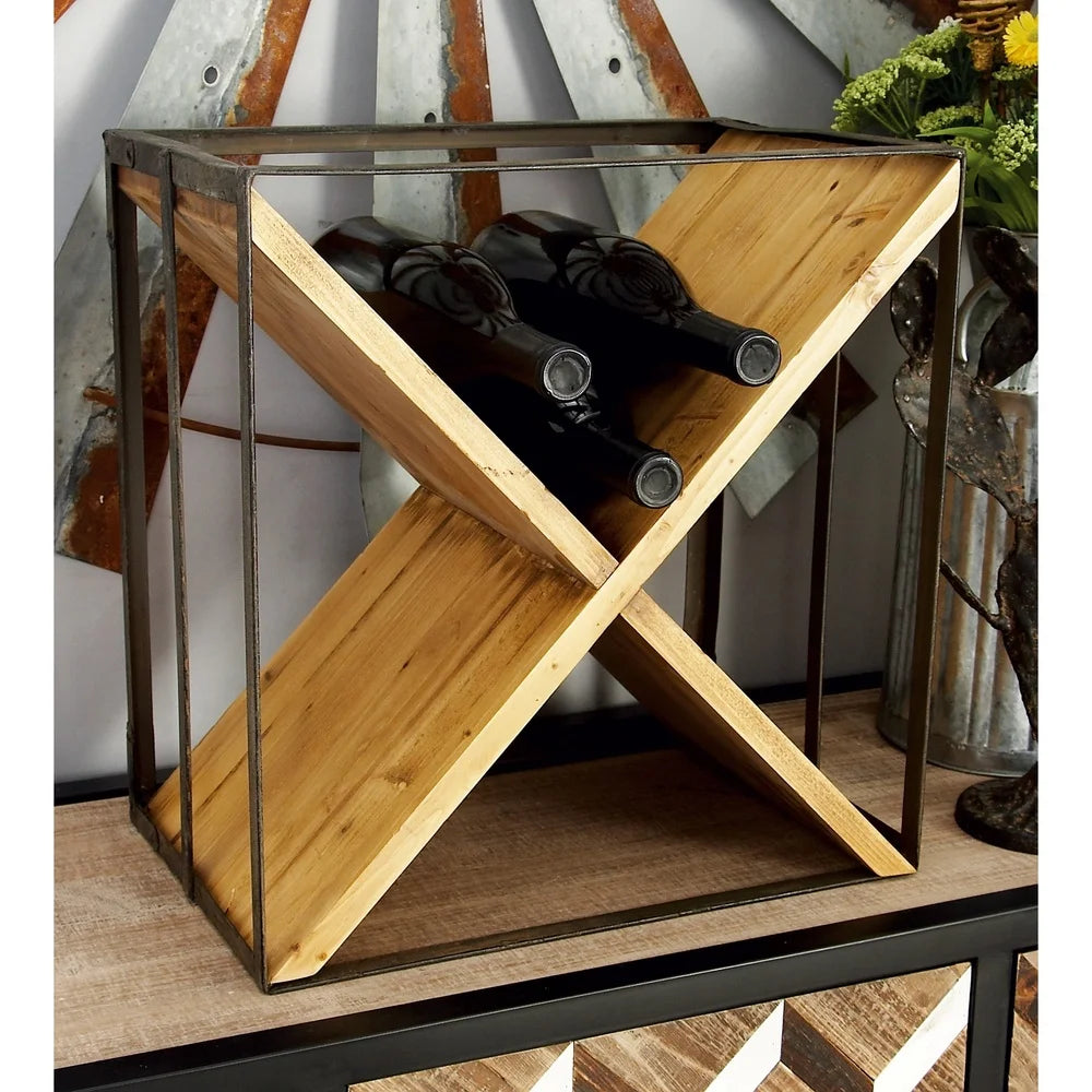 Rustic Black Cube Wine Rack 9 Bottle X-Shaped Design Tabletop Holder