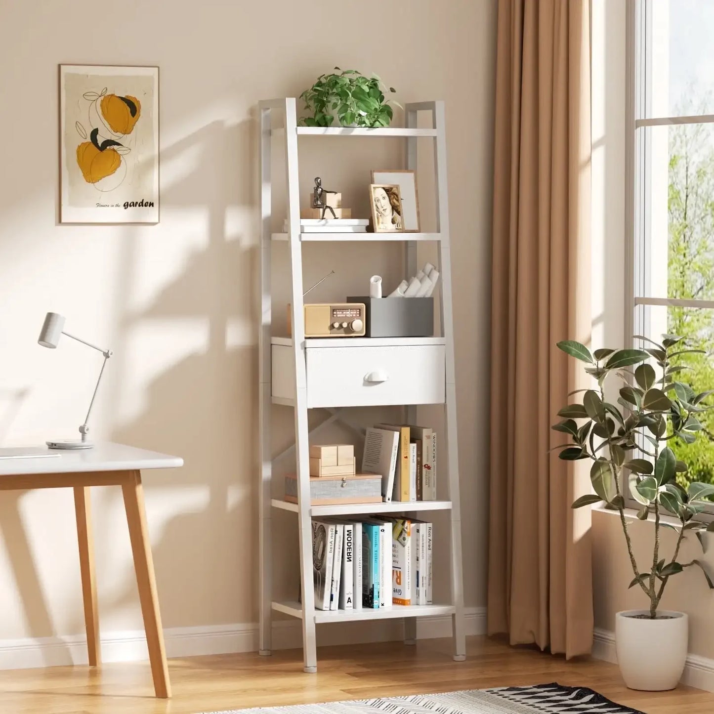 5-Tier Ladder Bookshelf Narrow Bookcase with Removable Drawers Living Room
