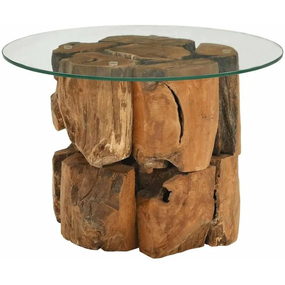 Coffee Table Teak Driftwood Base Round Glass Top Handmade Modern Design