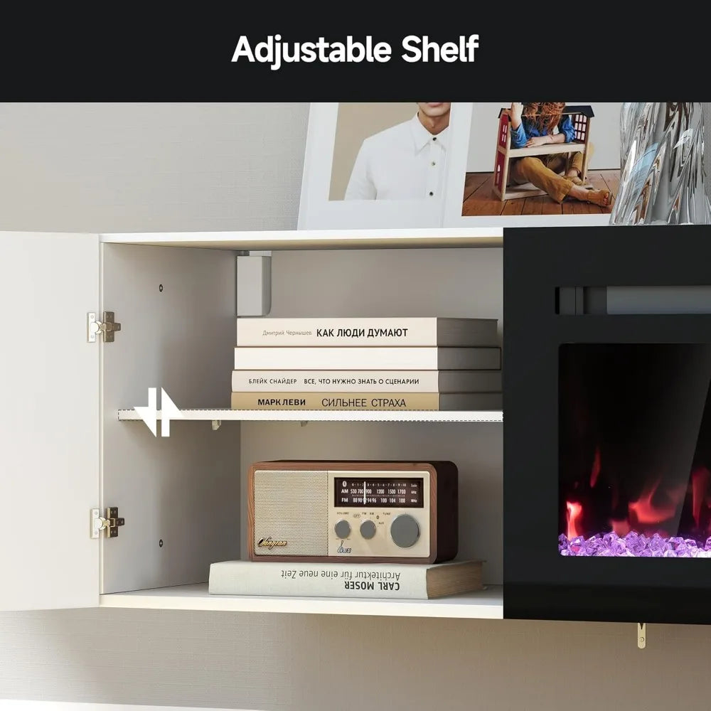 80 Inch Floating TV Stand Electric Fireplace LED Lights Wall Mounted