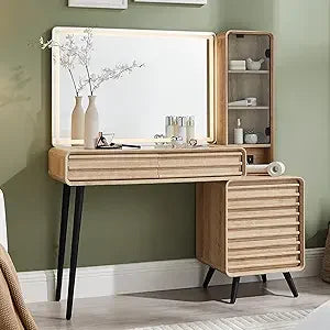 Fluted Makeup Vanity Desk 35" HD Lighted Mirror 5 Drawers 48" Mid Century