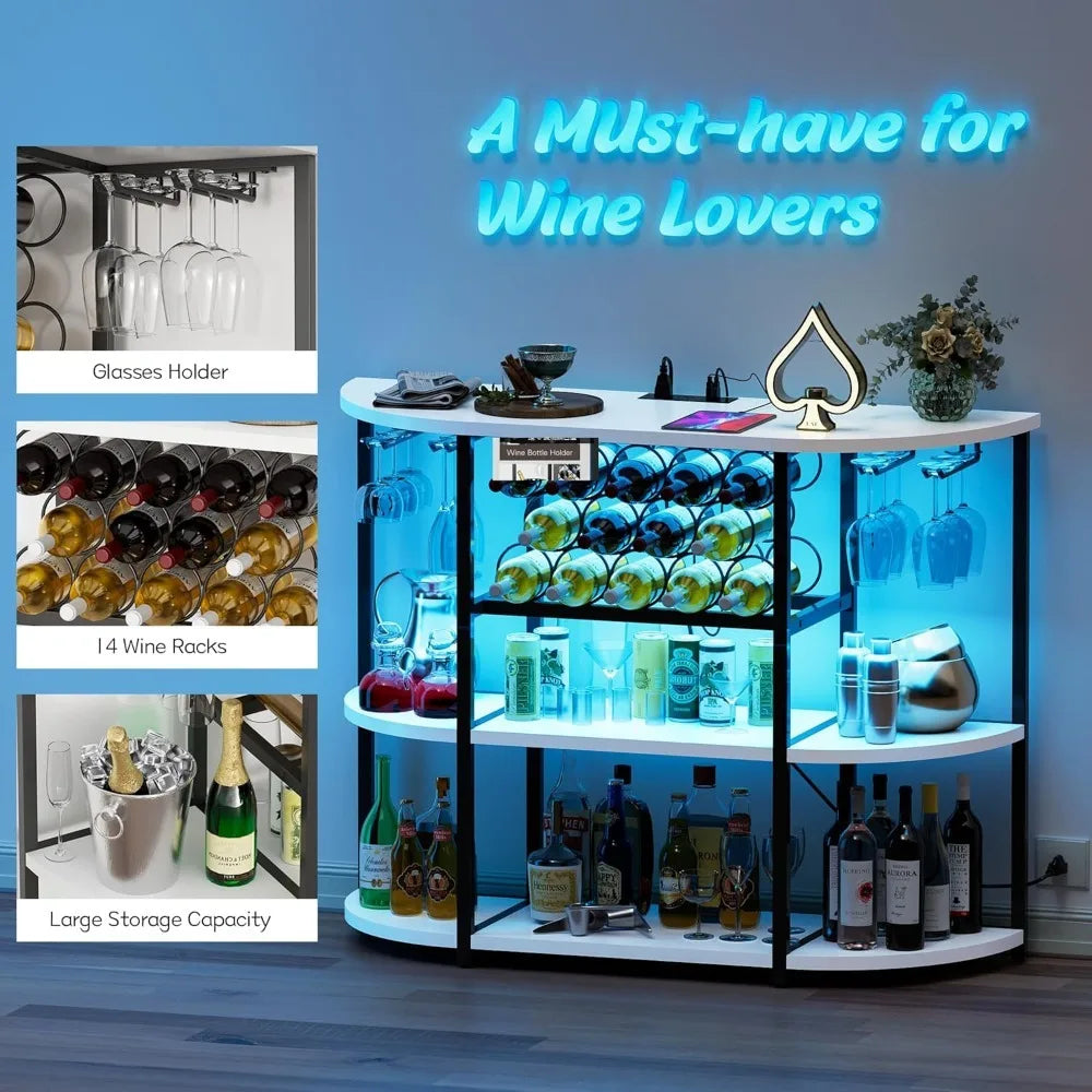 Wine Bar Cabinet with Lights and Outlet 4-Tier Storage Mini Bars for Home
