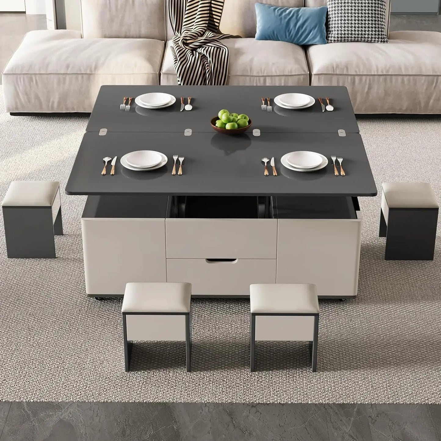 Lift Top Coffee Table with Stool Rectangle Modern Storage Living Room