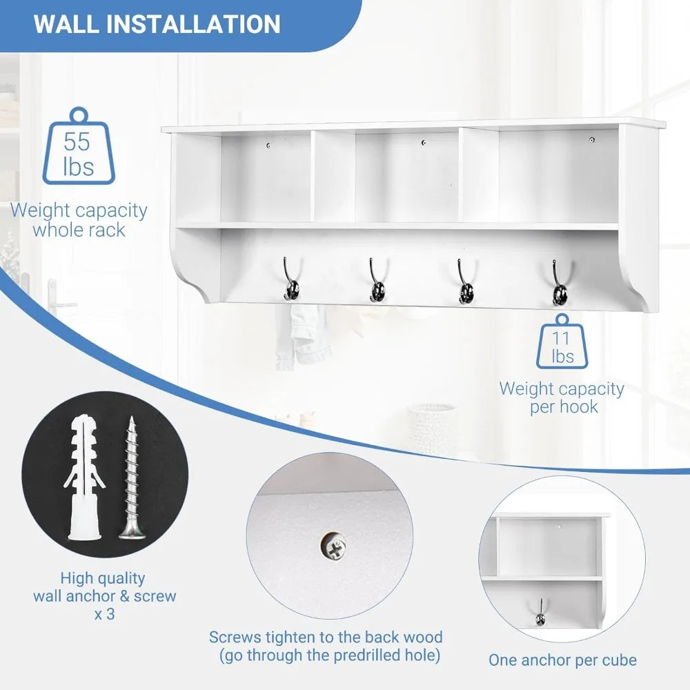 Contemporary Wall Mounted Coat Rack with Shelves and Hooks for Entryway