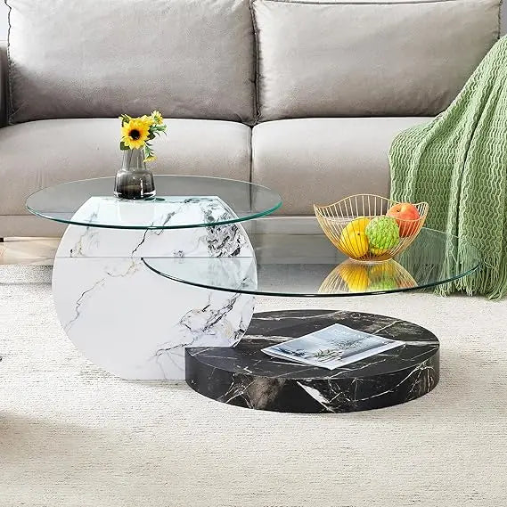Modern 42 Inch Round Glass Coffee Table 3-Tier Wood Shelves Living Room