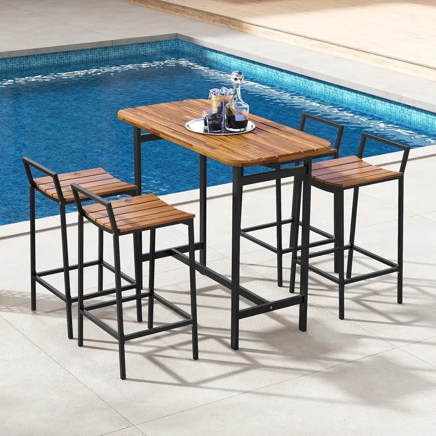 5 Piece Acacia Wood Outdoor Bar Table Set for Deck Garden Poolside