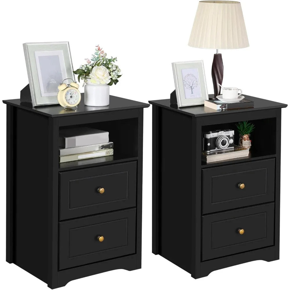 Nightstand Set of 2 Wooden Bedside Tables with Drawers for Small Spaces