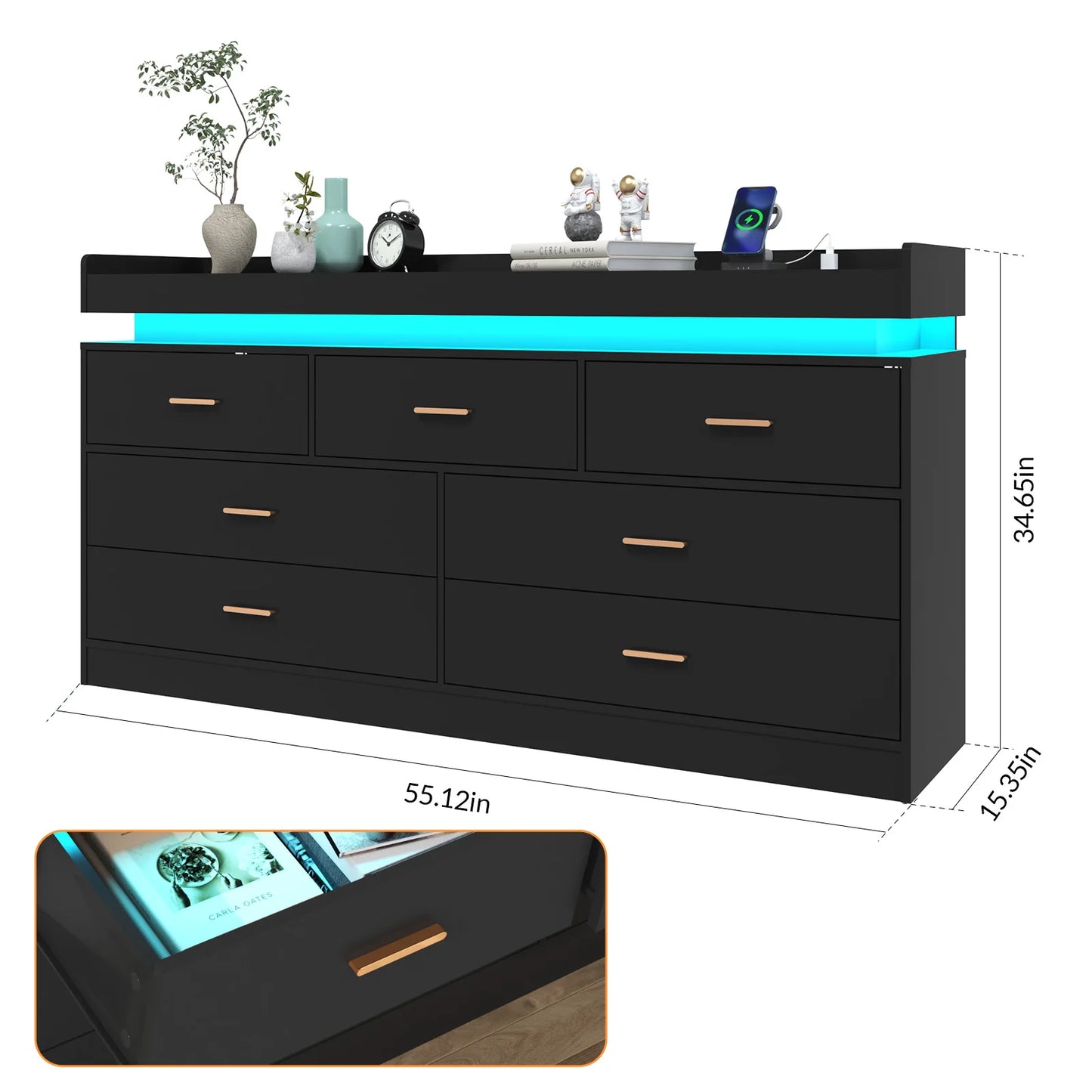 Modern 7 Drawer Dresser with LED Light Charging Station Chest of Drawers