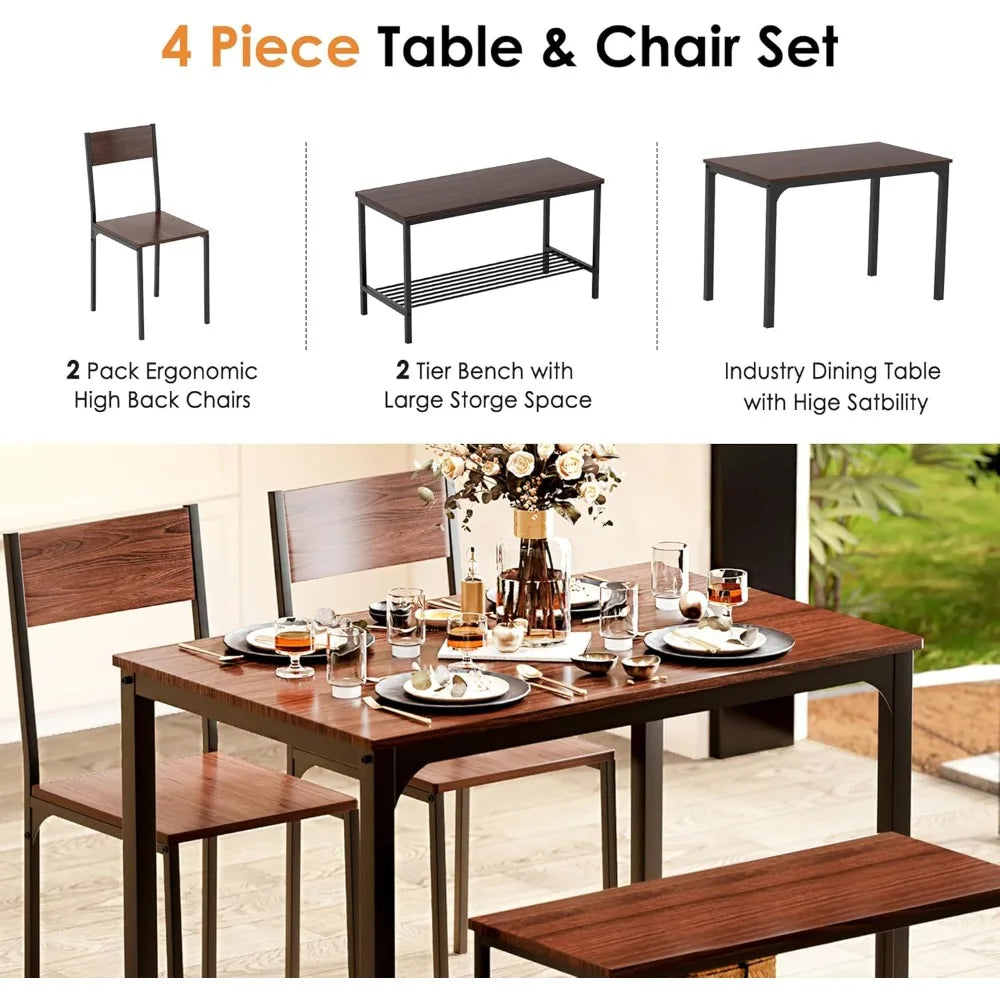 Modern 4-Piece Dining Table Set with Bench and Chairs for Kitchen
