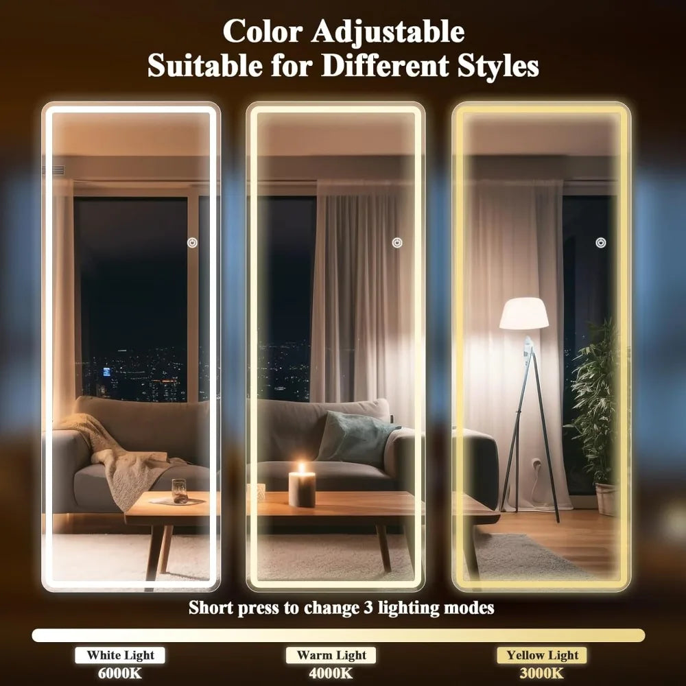 LED Full Length Mirror 71x30 Inch Floor Standing Tri Color Lighting