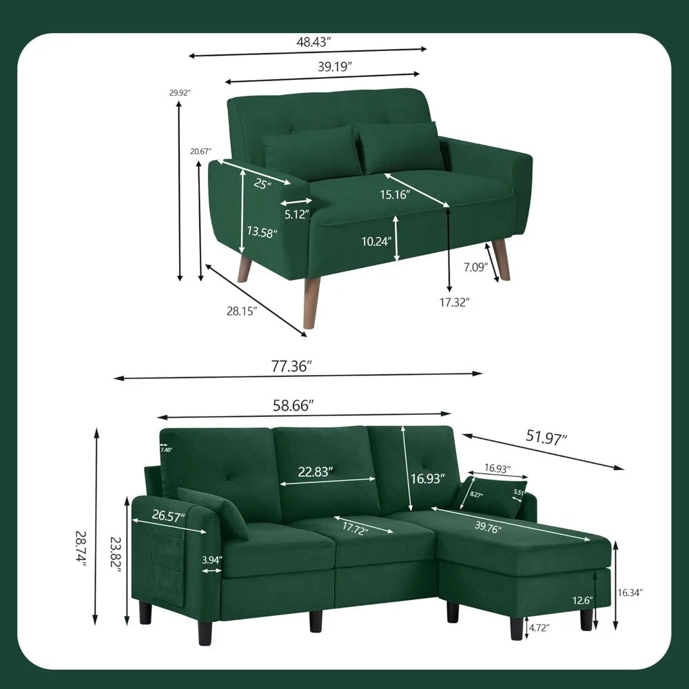 Modern 2 Piece Sofa Set L Shaped Sectional Couch Loveseat