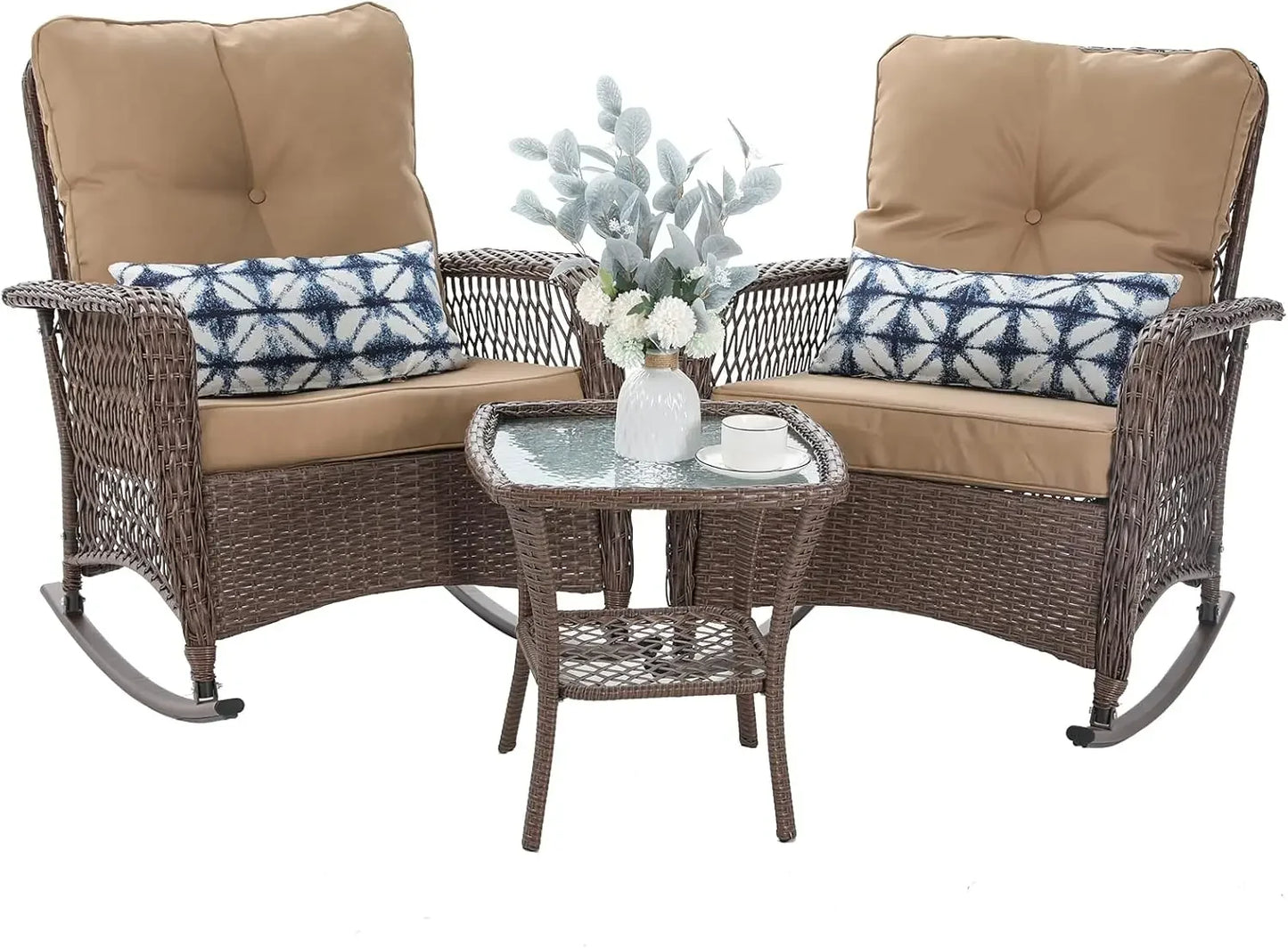 Ljustra 3 Piece Patio Furniture Set Wicker Rocking Chairs Coffee Table