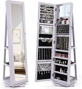 360° Swivel Jewelry Armoire Full Length Mirror Lockable Cabinet Organizer