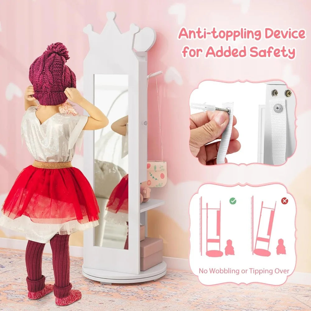Kids Jewelry Armoire 360° Swivel Cabinet Full Length Mirror Garment Rack