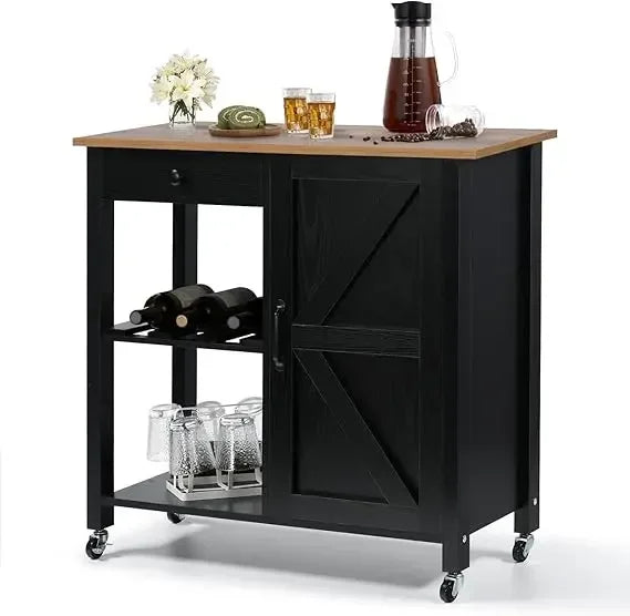 Kitchen Island Cart Farmhouse Style Storage Drawer Wine Rack Microwave Stand