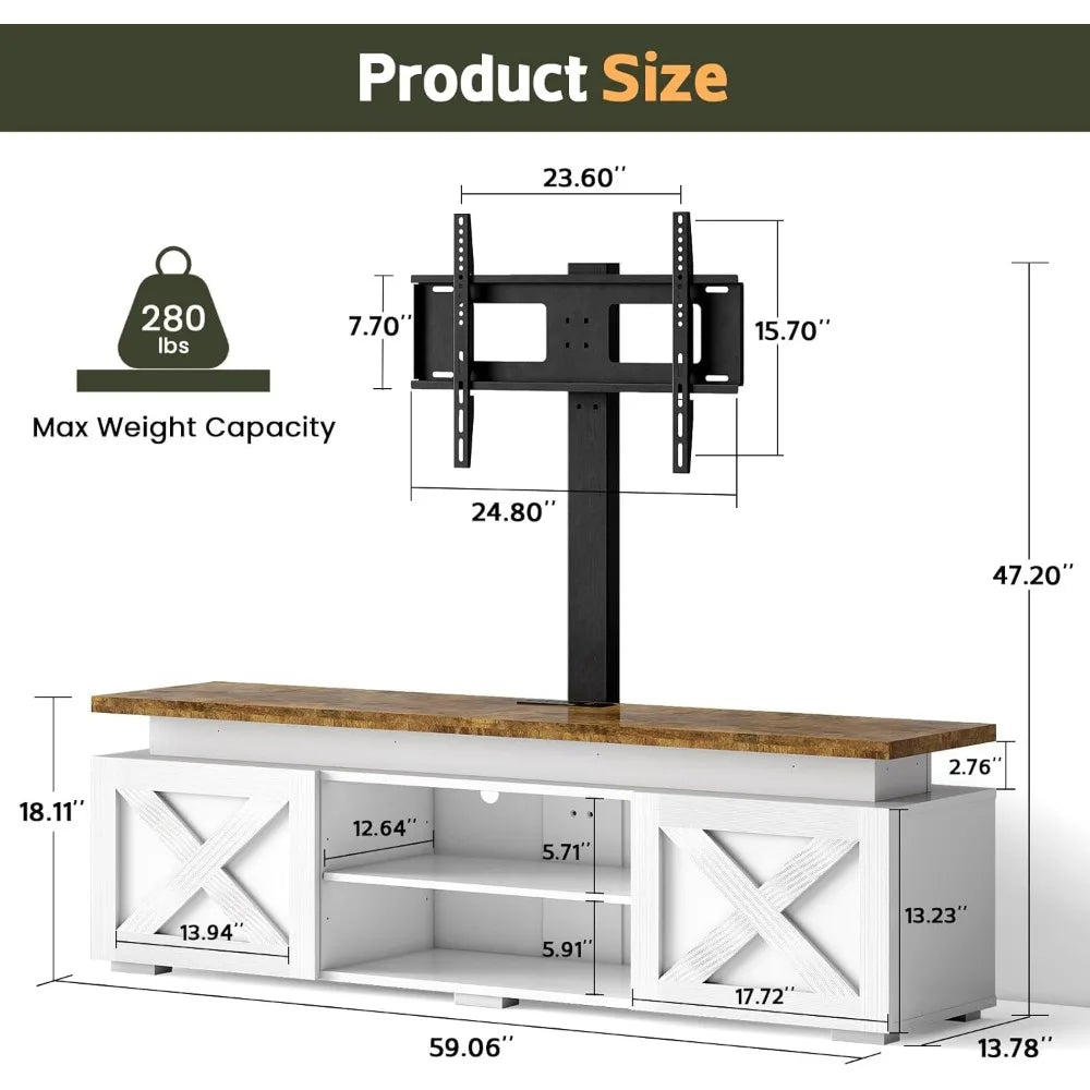 Farmhouse TV Stand with Mount 75 Inch LED Light Power Outlet Storage