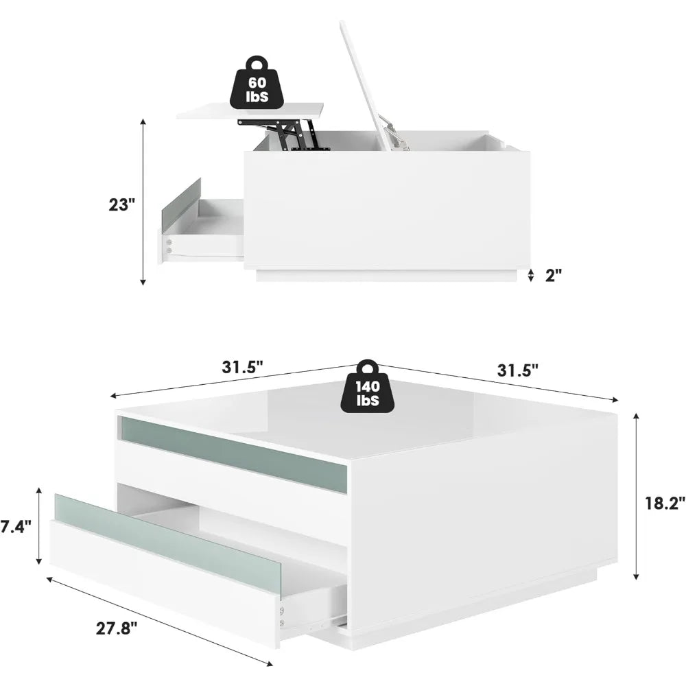 High Gloss Coffee Table with Storage Lift Top LED Modern Design