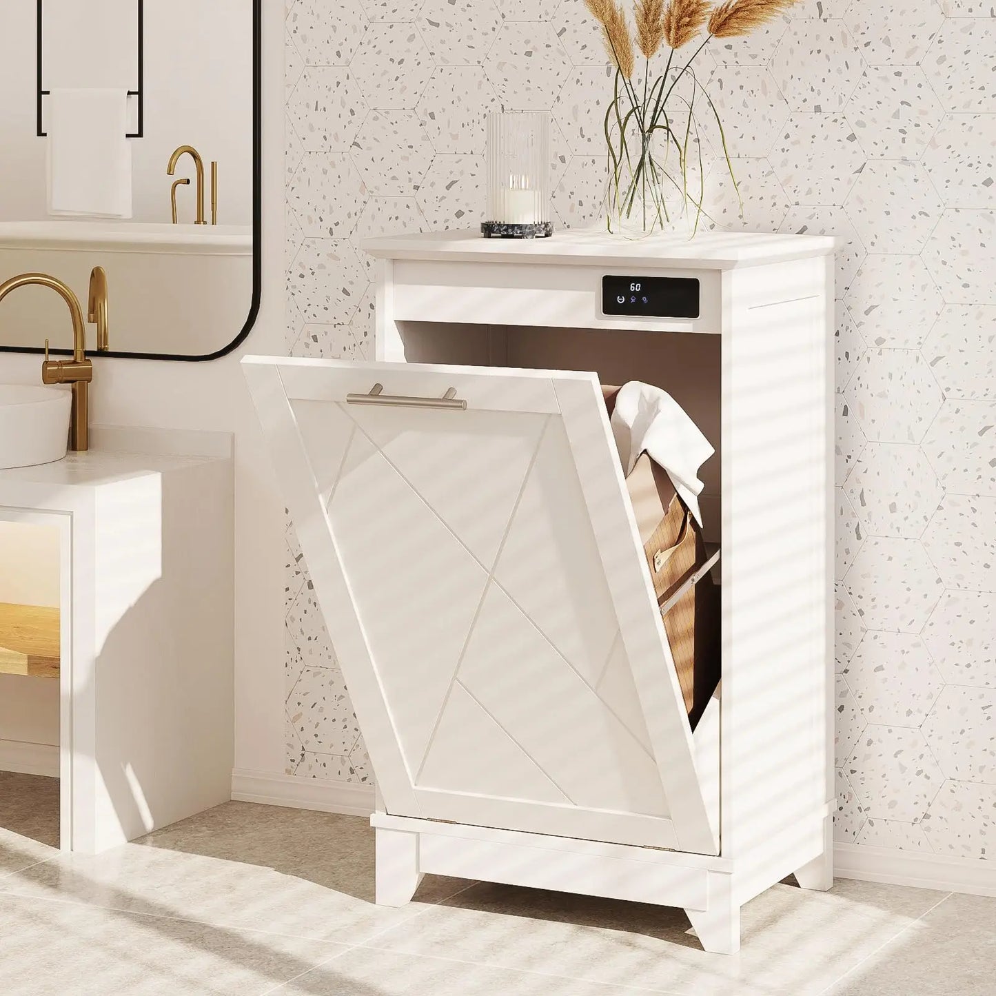 Tilt Out Trash Can Cabinet with Charging Station and Deodorizing Function
