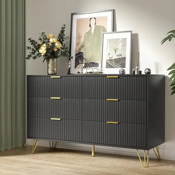 Modern 6 Drawer Dresser with Gold Handles for Bedroom and Living Room