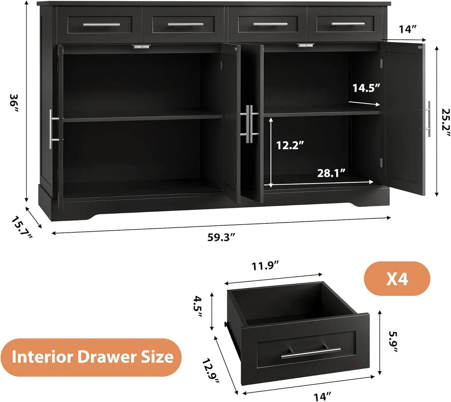 60 Inch Large Buffet Sideboard Storage Modern Kitchen Cabinet Coffee Bar