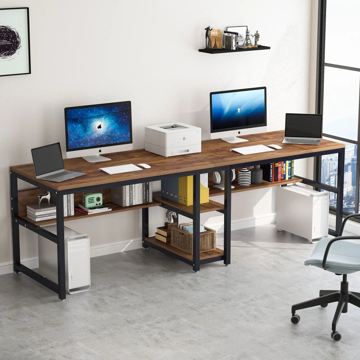Ljustra Two Person Desk with Bookshelf Rustic Home Office Workstation