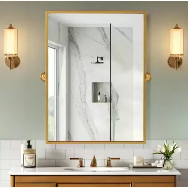 Gold Pivot Bathroom Mirror 38x26 Tilted Beveled Vanity Wall Mirror
